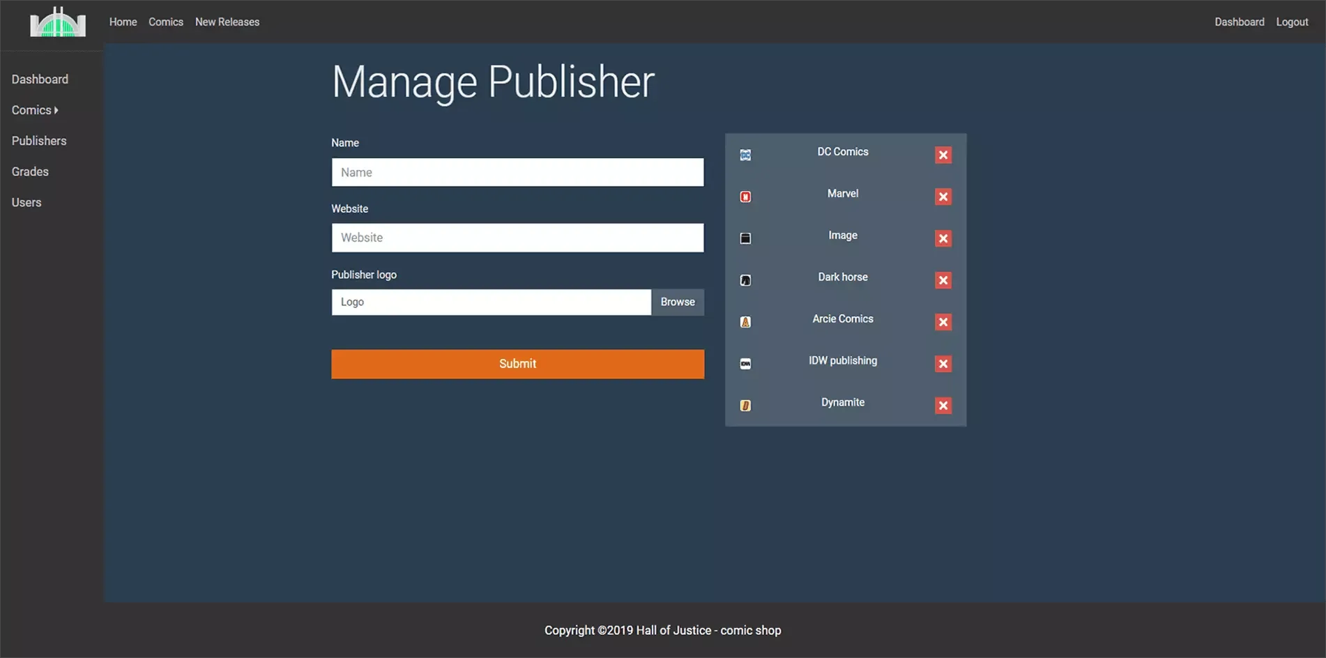 Sample of the publisher management page