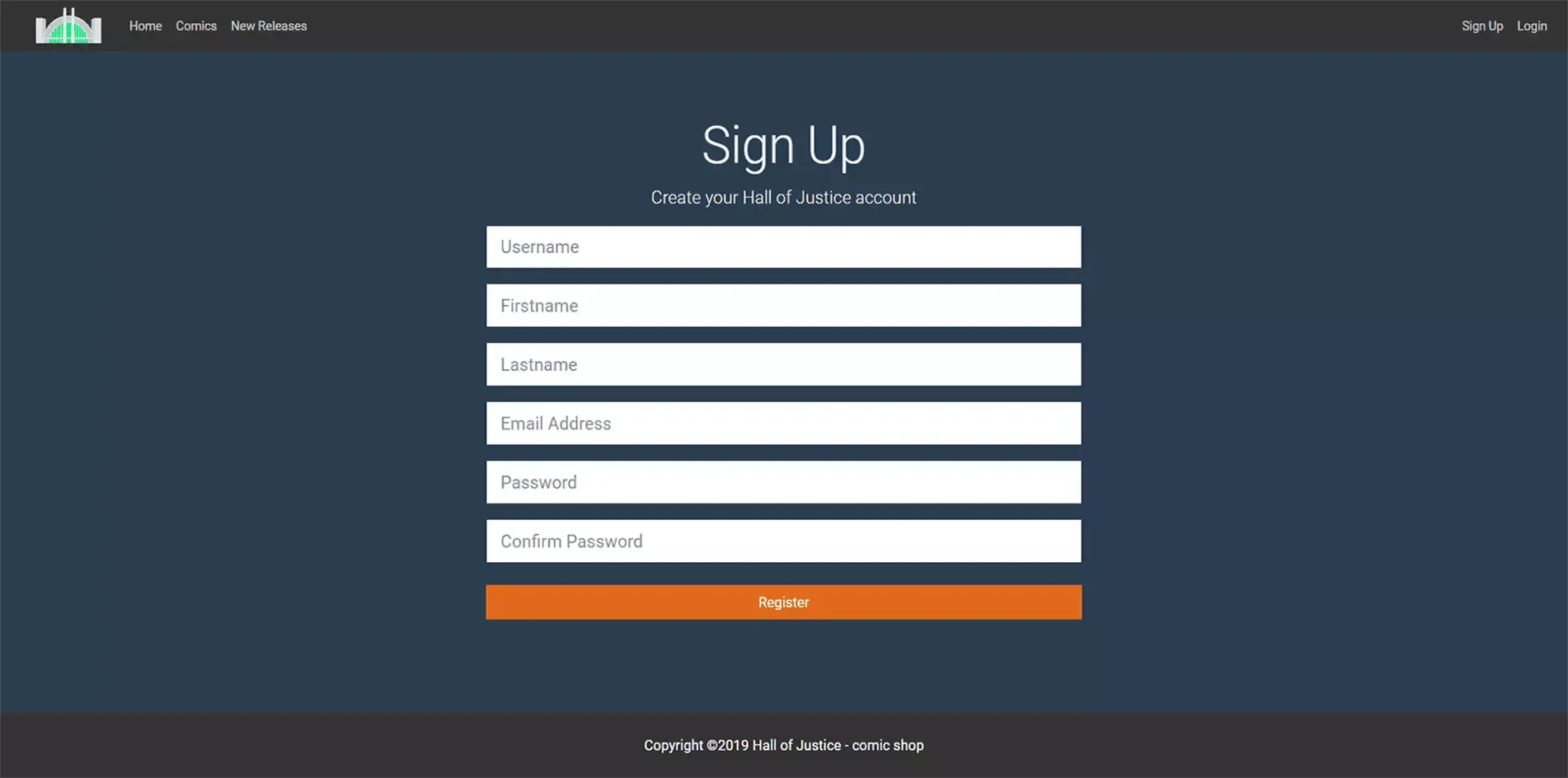 Sample of the user registration page